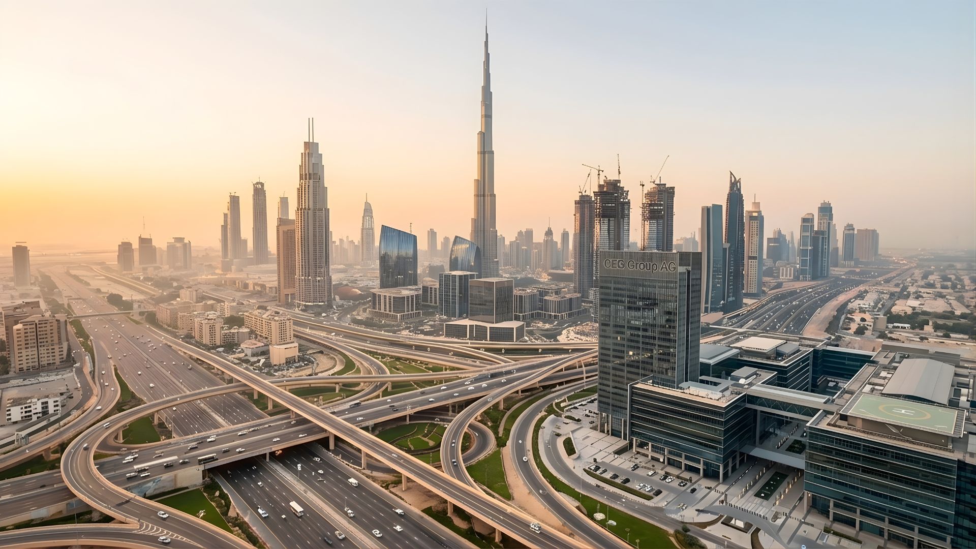 Dubai skyline at sunset with Burj Khalifa, global investment hub
